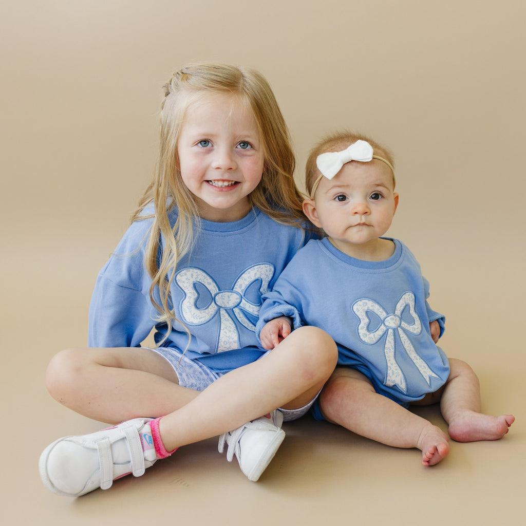 Blue Toile Applique Bow Sweatshirt Romper or Crewneck