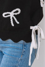 Bow Side Ties Scalloped Hem Cap Sleeve Sweater